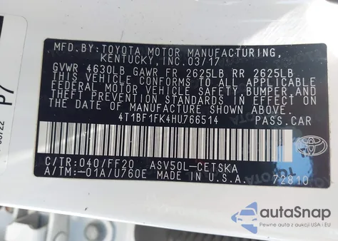 2017 Toyota Camry Se из США, поврежденный, VIN 4T1BF1FK4HU766514